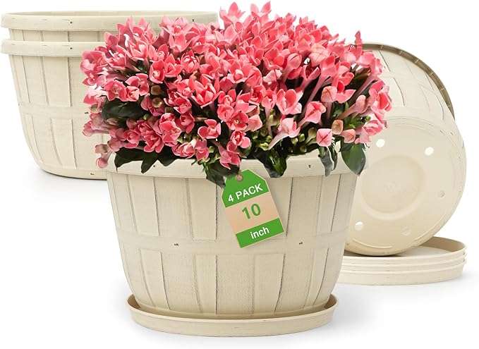 Quarut 10 inch Plastic Flower Pots for Indoor Plants,4 Pack Large Outdoor Planter Pot with Drainage Holes & Saucers,Imitation Wine Barrel Design,for Indoor Outdoor Garden Plants(Beige)