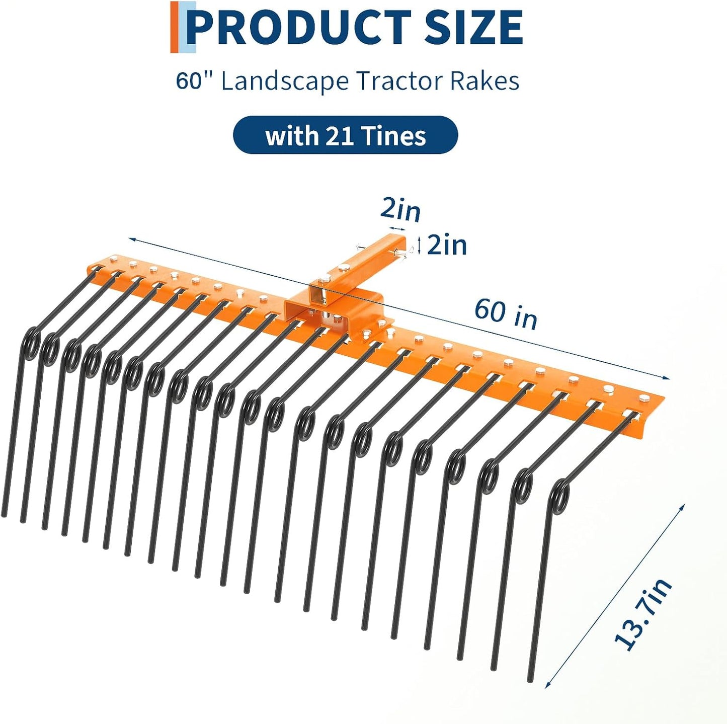 Tow Behind Landscape Rake, 60" Tow Dethatcher with 21 Steel Coil Tines, Lawn Dethatcher Rake Attaches to 48" or 60" Toolbars and 3-Point Suspension Systems, for Leaves, Pine Needles, and Grass, Orange