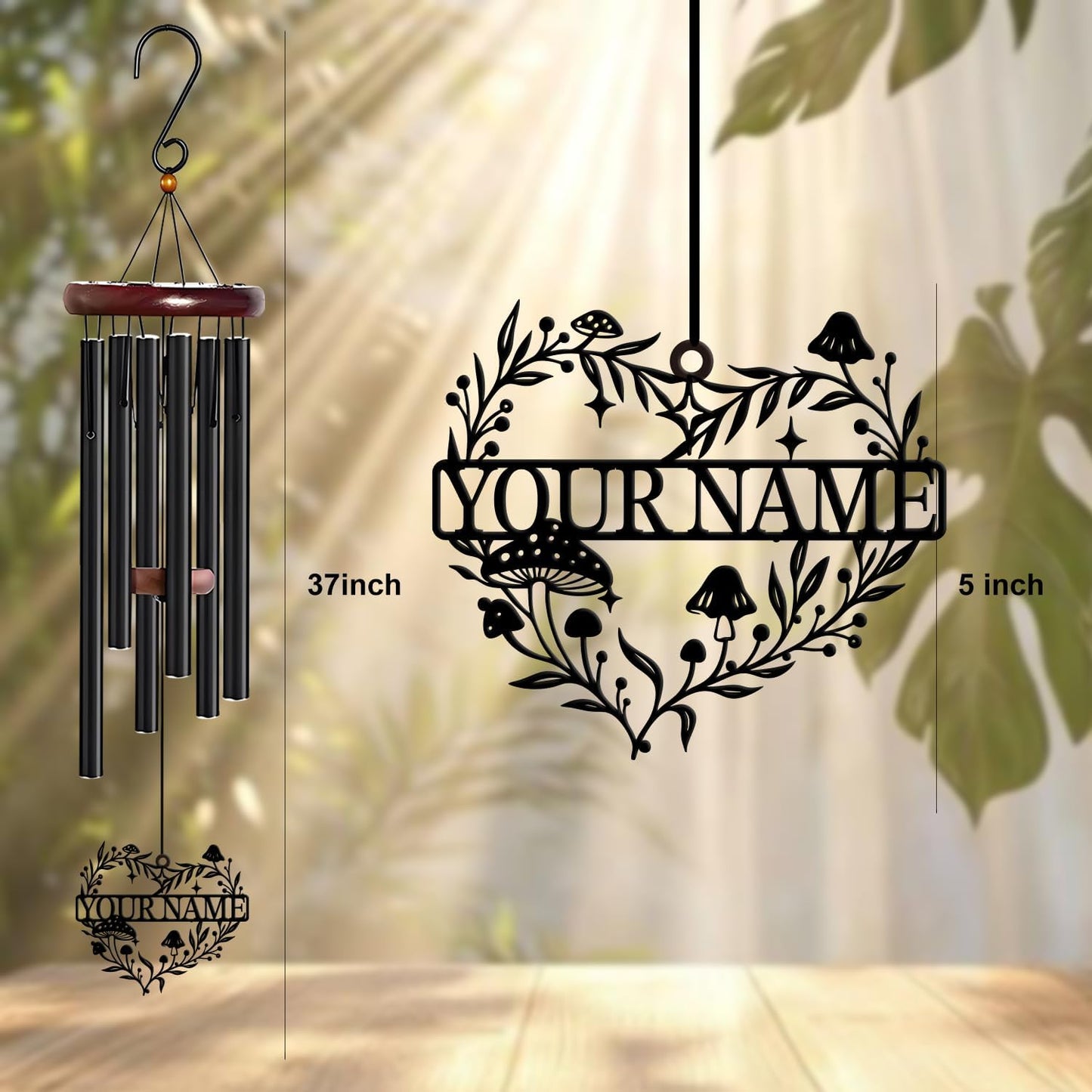 Personalized Customize Name Fantasy Mushroom Wonderland Wind Chime, Metal Iron 37 Inch Outdoor Memorial Gift for Garden Yard Patio Home Decor, Black (Style F)