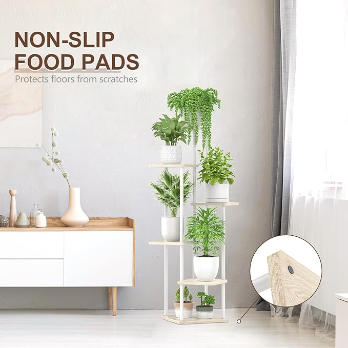6 Tier Plant Stand Indoor Outdoor , Metal Wood Tiered Corner Plant Stands Pot Holder, Wood Flower Shelf Display Rack for Living Room Bedroom Balcony Garden Patio, White
