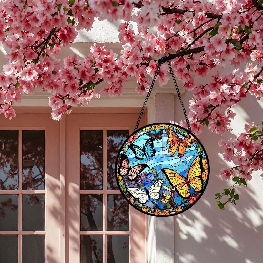 Butterfly Stained Glass Window Hanging, Suncatcher Panel for Window for Indoor Outdoor Decor, Wall Stained Glass for Balcony, Porch, Butterfly Ornament Birthday Gift for Boys and Girls, Housewarming