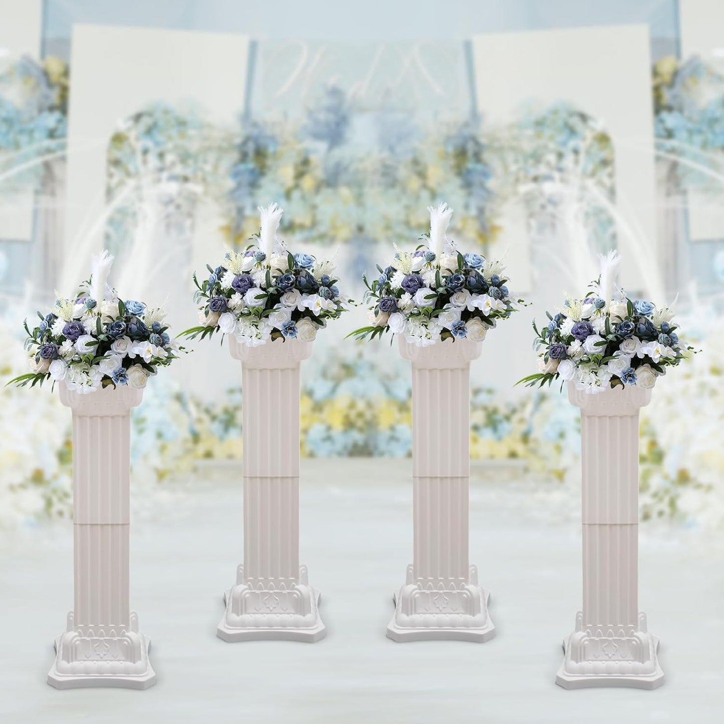 Roman Columns Wedding Stand Pillar Plant Stand Plastic Greek Statue Pedestal Flower Pot Holder Decor, Event Party Elegant Decorative Column (White, 4Pcs, 11.81x35.43 Inch)