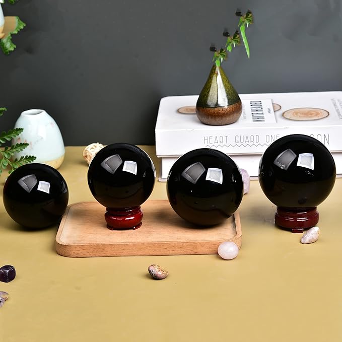 JIC Gem Small Black Obsidian Sphere Crystal Ball with Wooden Stand for Fengshui Healing Meditation Decoration (60-70mm)