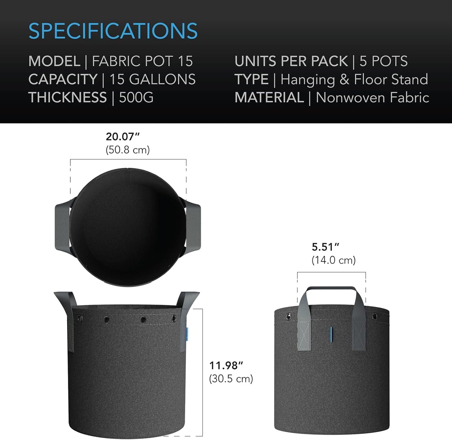AC Infinity Heavy Duty Fabric Pots, 15 Gallon Aeration Reusable Grow Bags 5-Pack with 500G Thick Nonwoven Fabric and Multi-Purpose Rings, for Plant Hanging and Low Stress Training