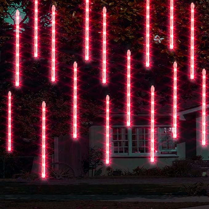 Dazzle Bright 288 LED Christmas Light, 11.8 Inch Meteor Shower Rain Lights with 8 Tubes,Waterproof Plug in Falling Rain Lights Christmas Decorations for Xmas Bushes Tree Yard Party (RED)