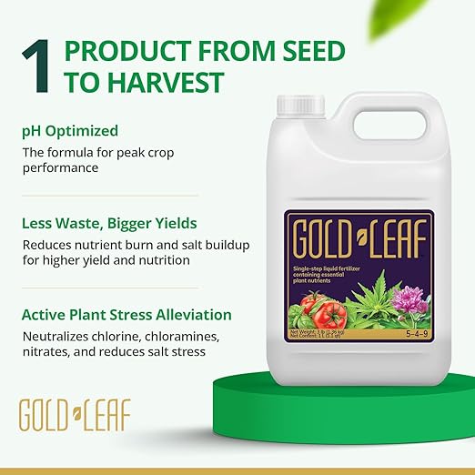 1L Gold Leaf Liquid Fertilizer Single-Step Plant Fertilizer with Every Essential Nutrient for Healthy Bigger Buds & Blooms, Optimized pH for Soil, Hydroponics, and Coco Growers