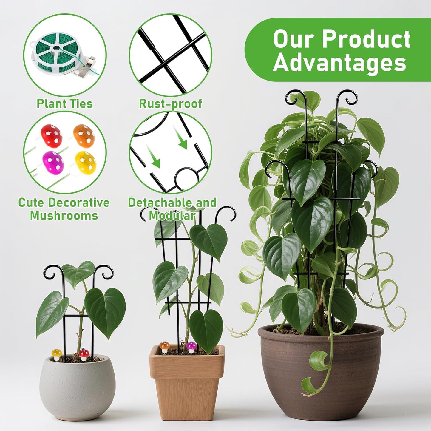 2 Pcs Large Trellis for Potted Plants, Expandable Rust-Proof Metal Garden Trellis, Wave-Shaped Plant Trellis Indoor and Outdoor with 20 Meters Plant Ties and 4 Adorable Decorative Mushrooms (Black)