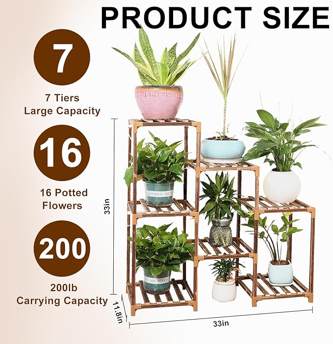Plant Stand with Grow Light, Plant Shelf Indoor with Full Spectrum Led Grow Light, Timer Function and Brightness Adjustment, 7 Tiered Wood Plant Stand Indoor for Corner | Patio | Living Room