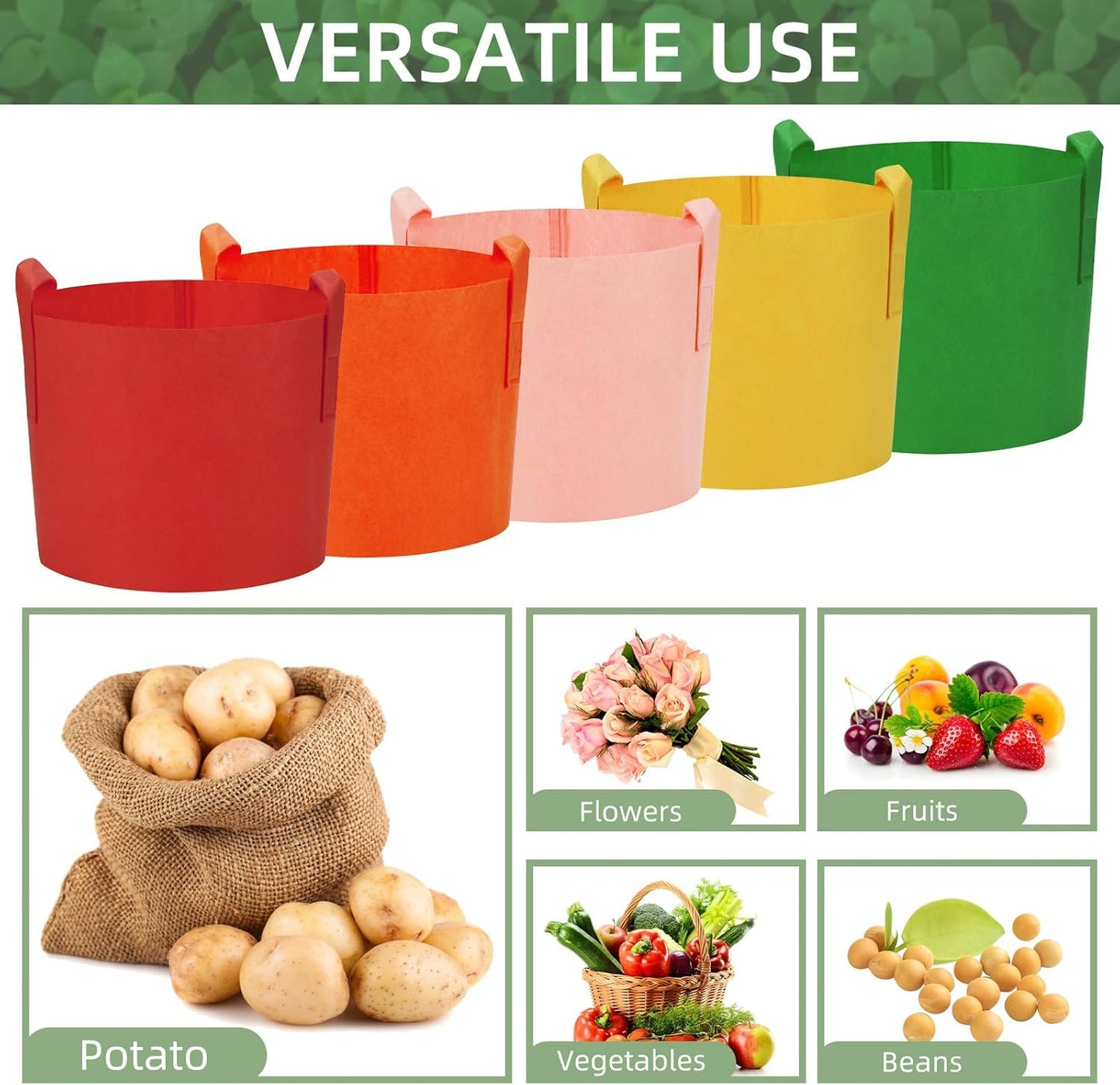 20 Pack 10 Gallon Grow Bags, Colorful Potato Plant Grow Bags with Handles, Nonwoven Fabric Garden Pots for Vegetable Fruit Flowers Herbs Tomato Potato Growing (10 Gal)