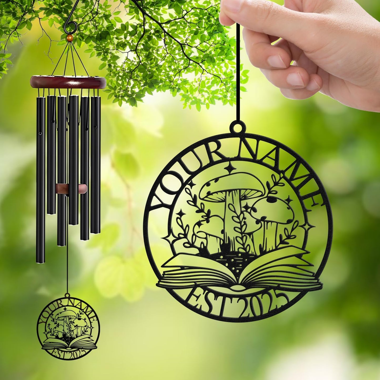 Personalized Customize Name Fantasy Mushroom Wonderland Wind Chime, Metal Iron 37 Inch Outdoor Memorial Gift for Garden Yard Patio Home Decor, Black (Style C)