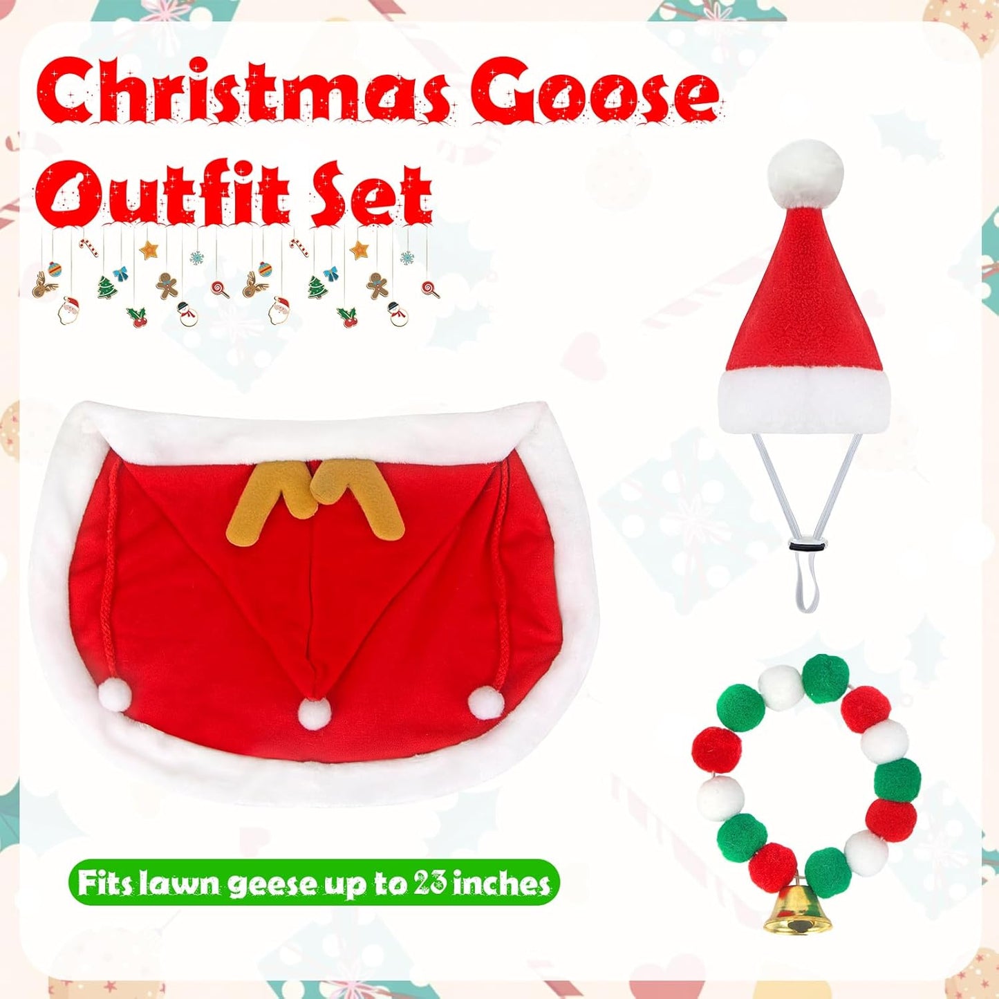 Christmas Porch Goose Outfits Mrs. Claus Goose Clothes Fits 23" Plastic Cement Statues, Red Cloak Goose Outfit Costume with Bell Necklace and Hat for Outdoor Garden Patio Yard Lawn Party Decoration