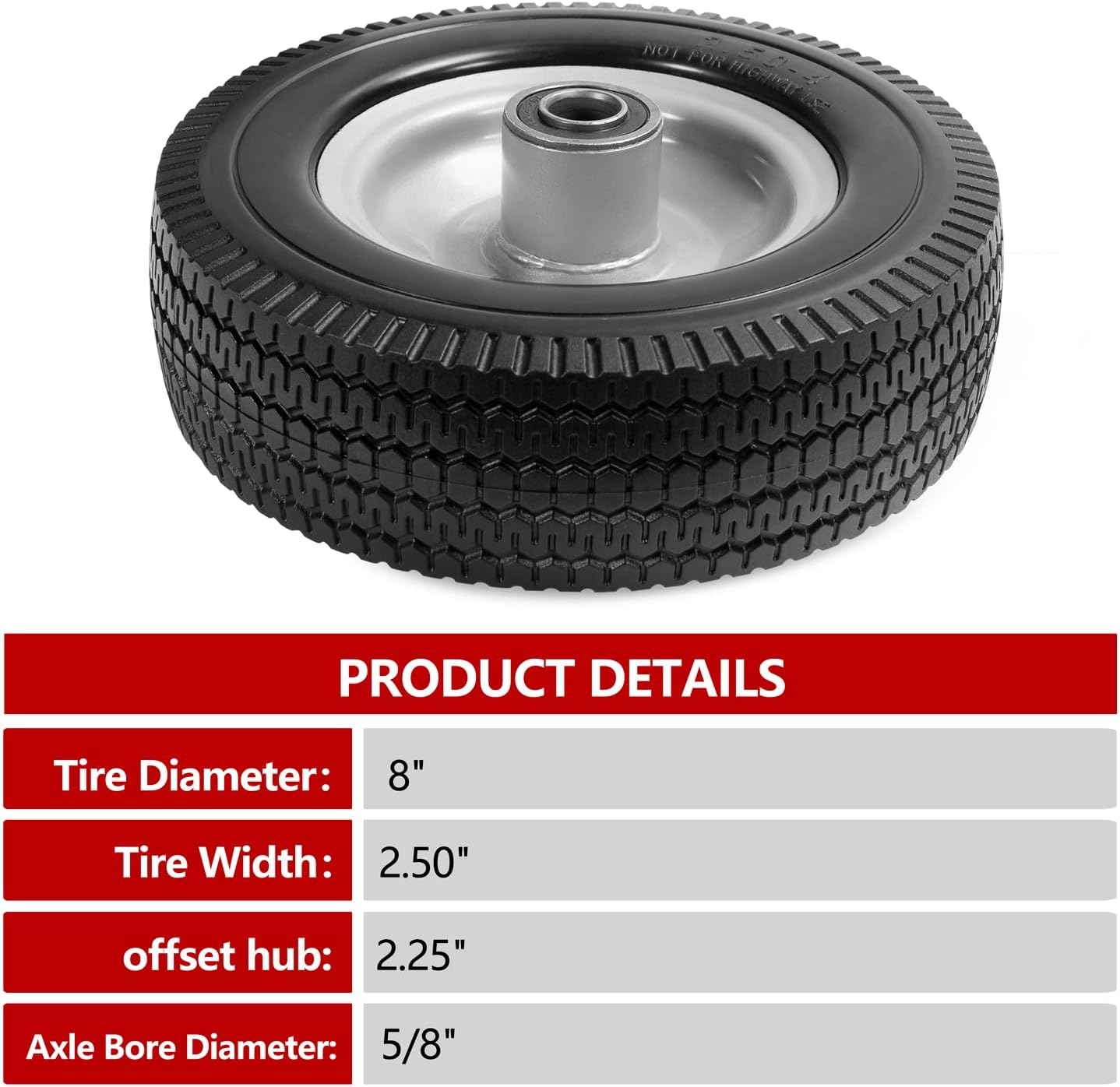 8-Inch Solid Tire Replacement - 2.50-4"Flat Free Tire and Wheel Heavy-Duty for Gorilla Carts, Yard Tractors, Wagons - Replacement Tires with 5/8" Bearings & 2.25" Offset Hub(2 Pack)
