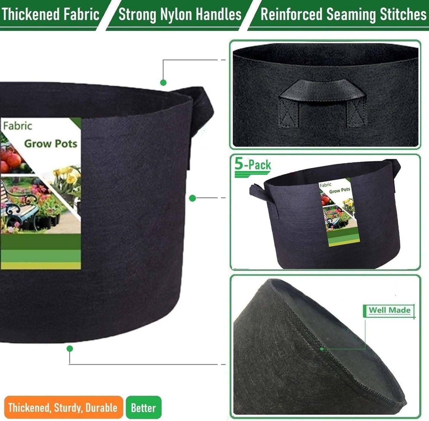 5-Pack 15 Gallon Plant Grow Bags (20x12 inch) Thickened Garden Bag Fabric Plant Pots for Potato,Tomato Planters,Herbs Veggies Planter Bag,Garden Pot,Flower Pot,Barrel Planter,Plant Container W/ Gloves