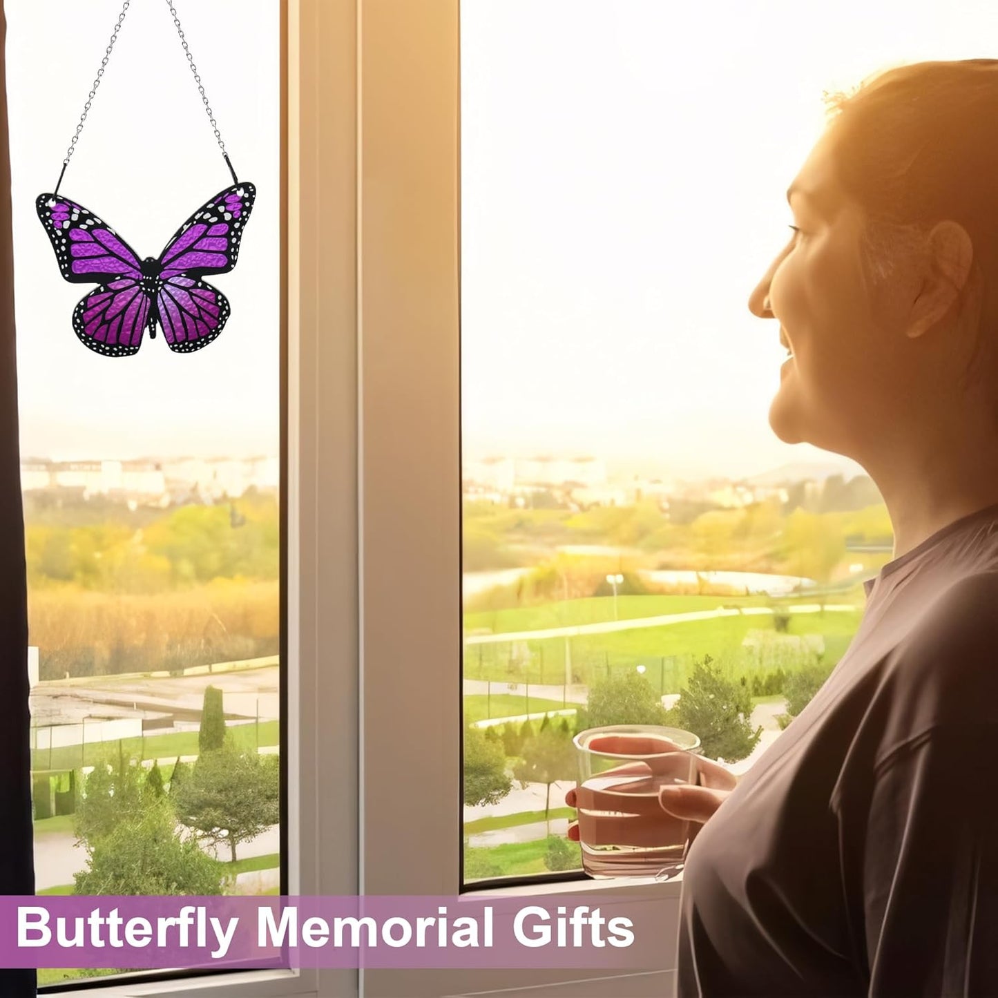 Butterfly Stained Glass Window Hanging Purple Butterfly Suncatcher, Butterfly Ornaments Gift for Mom, Women, Mother's Day