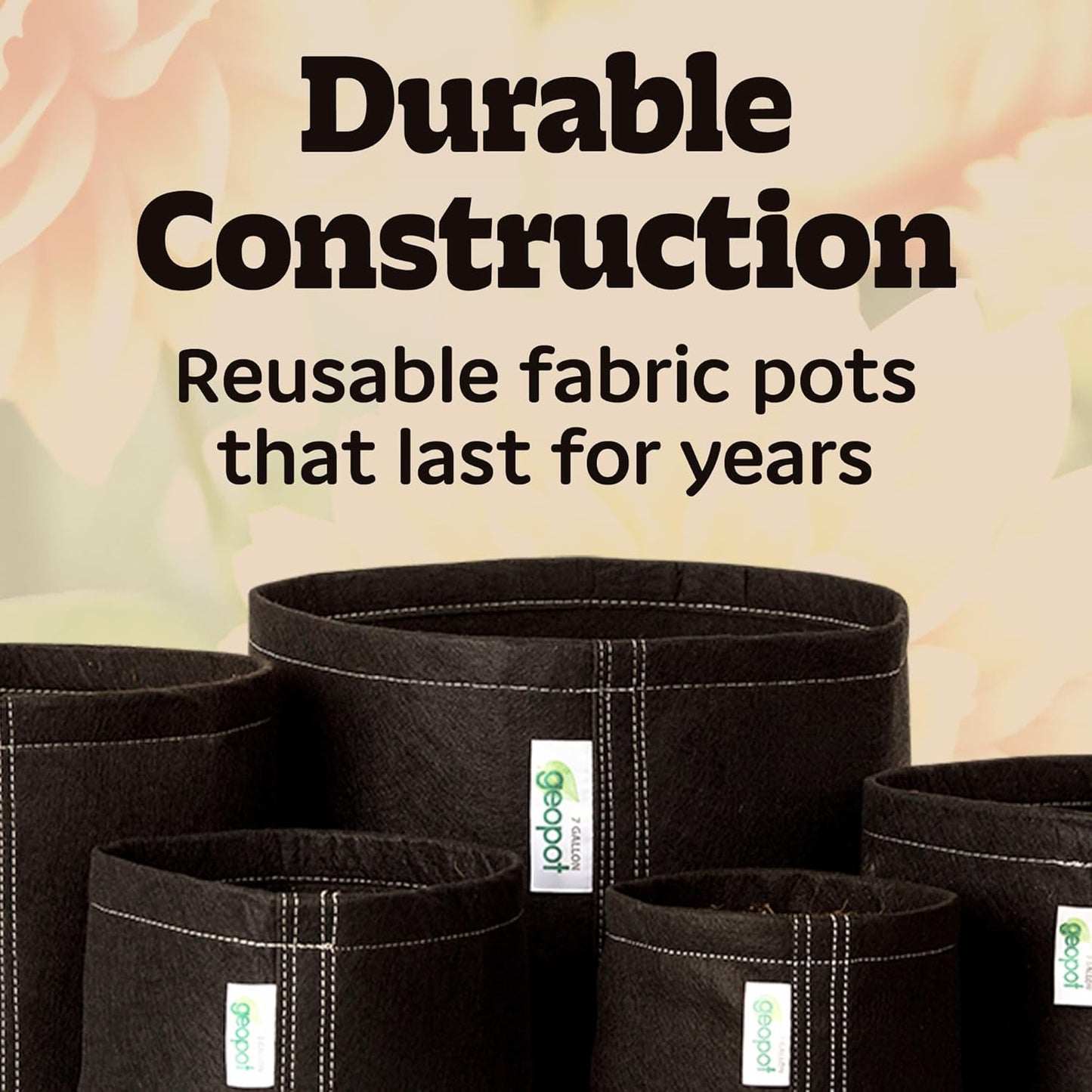 GeoPot 15 Gallon Fabric Grow Bags for Vegetables, Houseplants, Herbs & Flowers | 5-Pack | Aerated Fabric Pots for Outdoors and Indoors