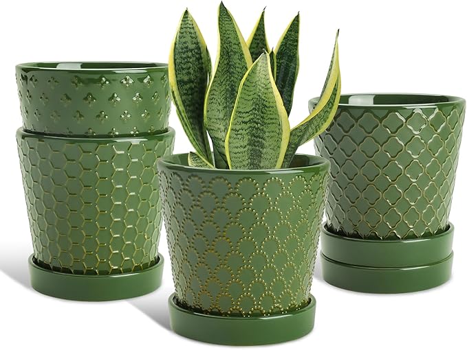 EFISPSS Ceramic Plant Pots, 5 Inch Planters with Drainage Holes and Ceramic Tray, Relief Design Flower Planter,Desktop Office Windowsill Decoration Gift Set of 4 - Blackish Green