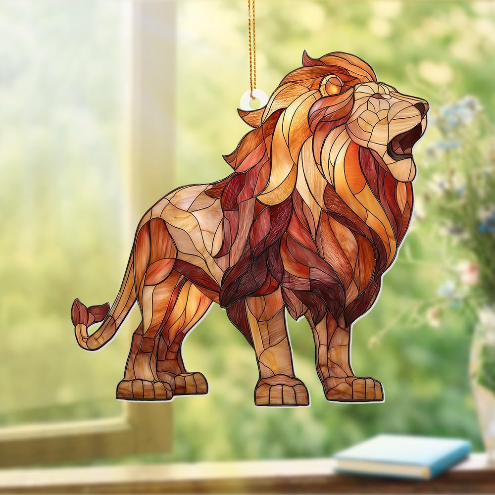 Lion Stained Glass Ornament Acrylic Window Hanging Sun Catcher β Wildlife Animal Decor for Christmas Tree, Rearview Mirror, Home & Car Accessories, Safari Gifts for Men Women, Symbol of StrengthSun-26