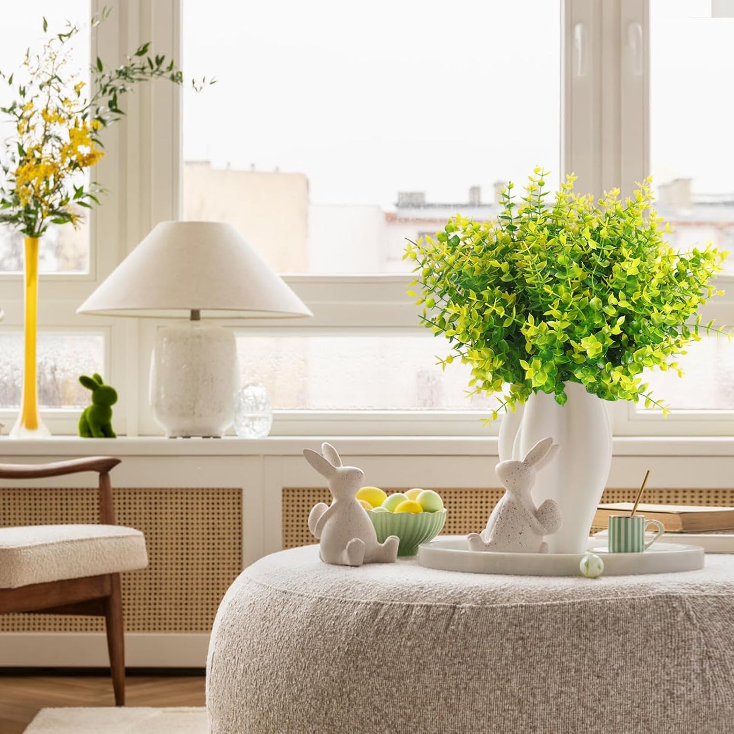 RECUTMS Artificial Boxwood Plants Outdoor Fake Spring Plants Uv Resistant Artificial Shrubs for Outdoors Greenery Stems Outdoor Flowers That Look Real Artificial Eucalyptus (Yellow Eucalyptus)