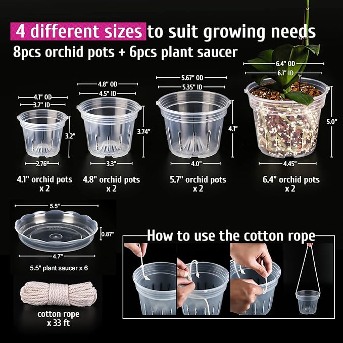 Orchid Pot, 8 Clear Orchid Pots with Holes and 6 Saucers, 2 Each of 4.1, 4.8, 5.7 and 6.4 Inch Orchid Pots for Repotting, Plastic Orchid Planter Breathable Slotted Flower Plant Nursery Pot