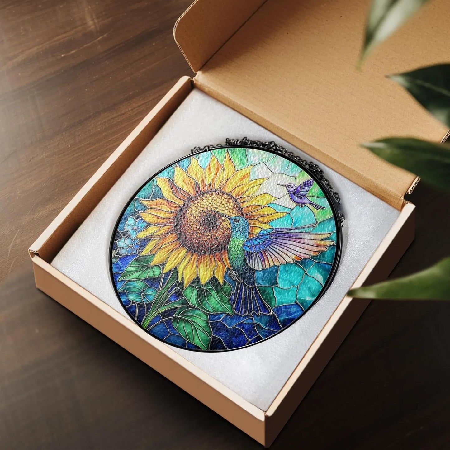 Hummingbird Stained Glass Suncatcher – Sunflower Window Decor, Memorial Hanging Ornament, Bird Lover Gift for Women Adults, Mom, Grandma, Friends, Christmas & Birthday Gifts, Mother’s Day Present