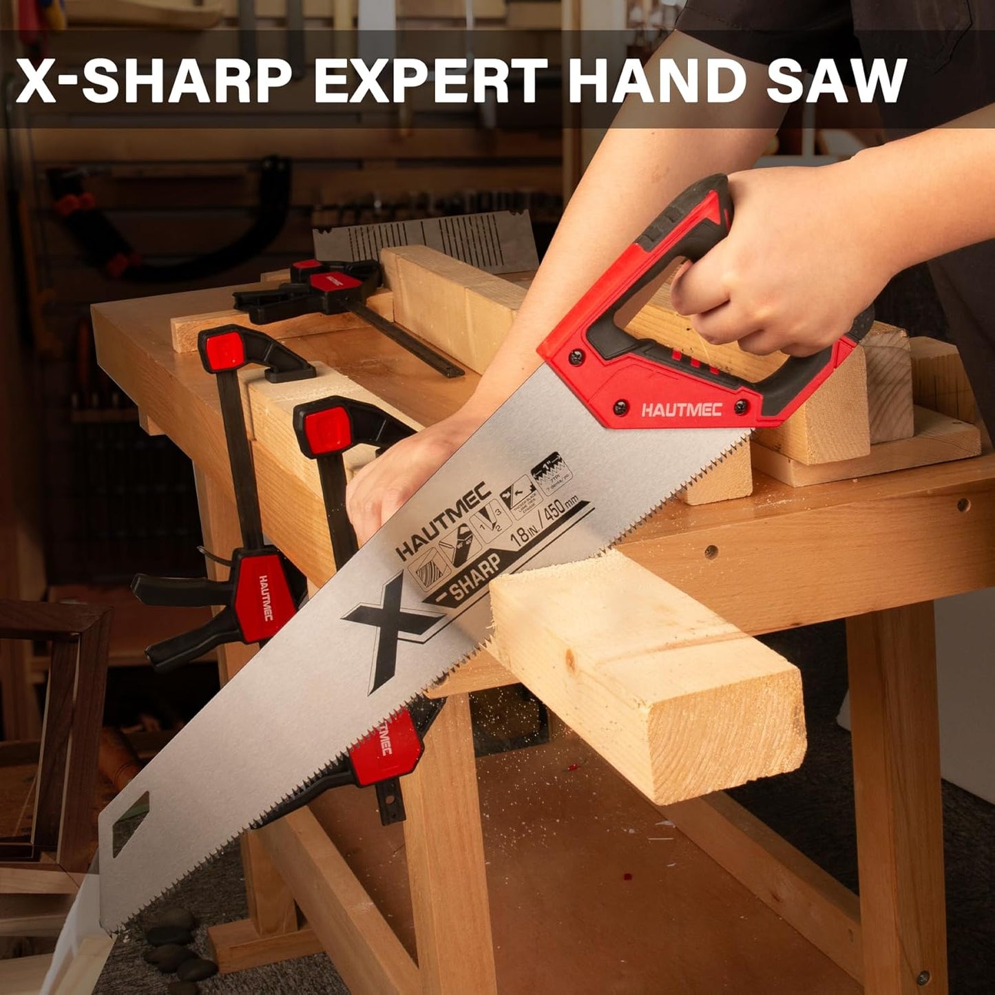 HAUTMEC 18" X-Sharp Pro Hand Saw for Speed and Quality Cuts, Universal Handsaw with 7 TPI /8PPI Triple Ground Teeth, 1mm Thick Blade Ergonomic Bimaterial Soft Handle – HT0151