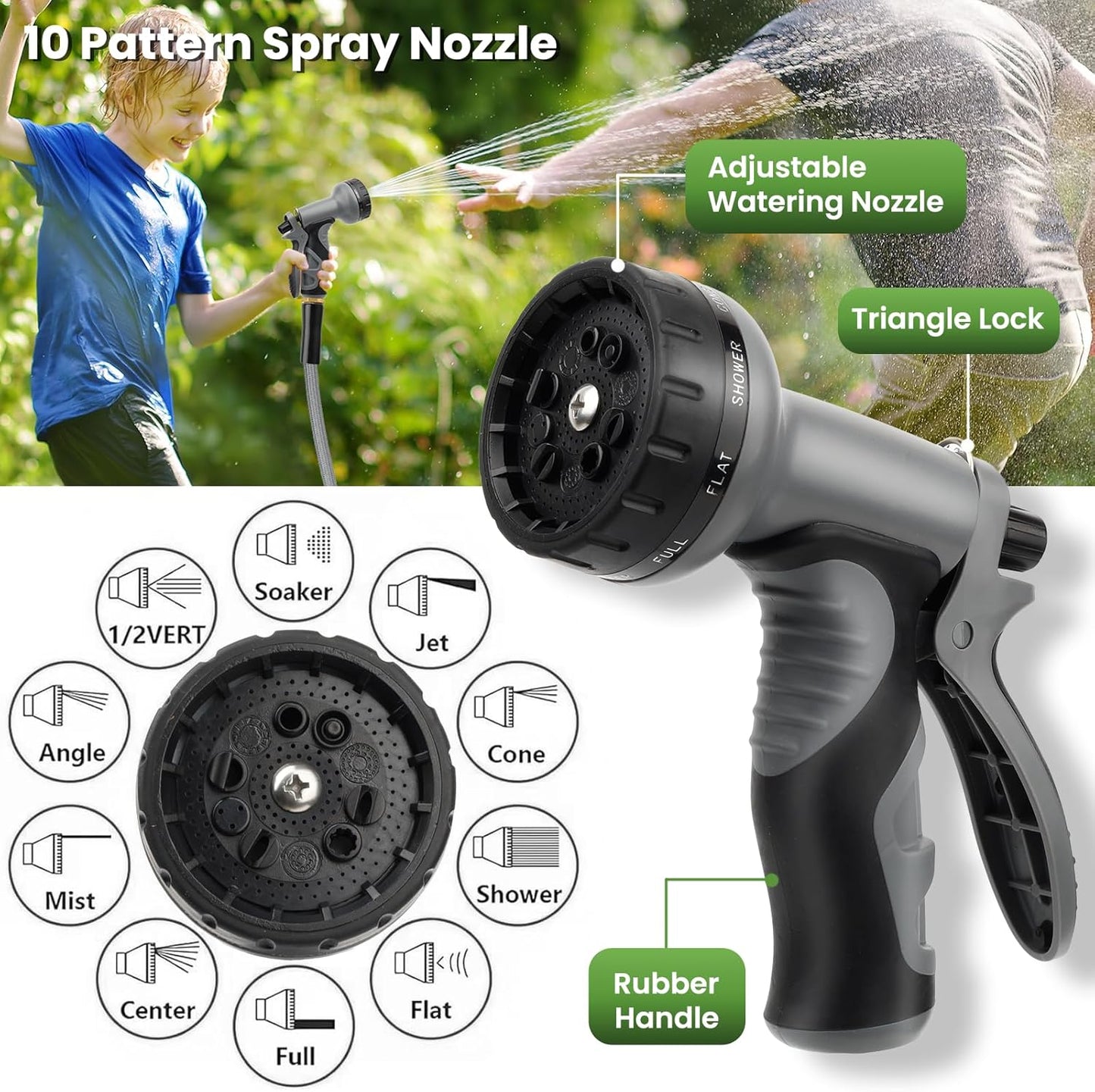 KLABB 36FT Garden Hose 5/8" with Solid Brass Connectors & 10-Function Nozzle, Lightweight Flexible PET Steel Hose with Adjustable Straps, No-Kink, Rustproof & Leak-Free for Garden & Outdoor Cleaning