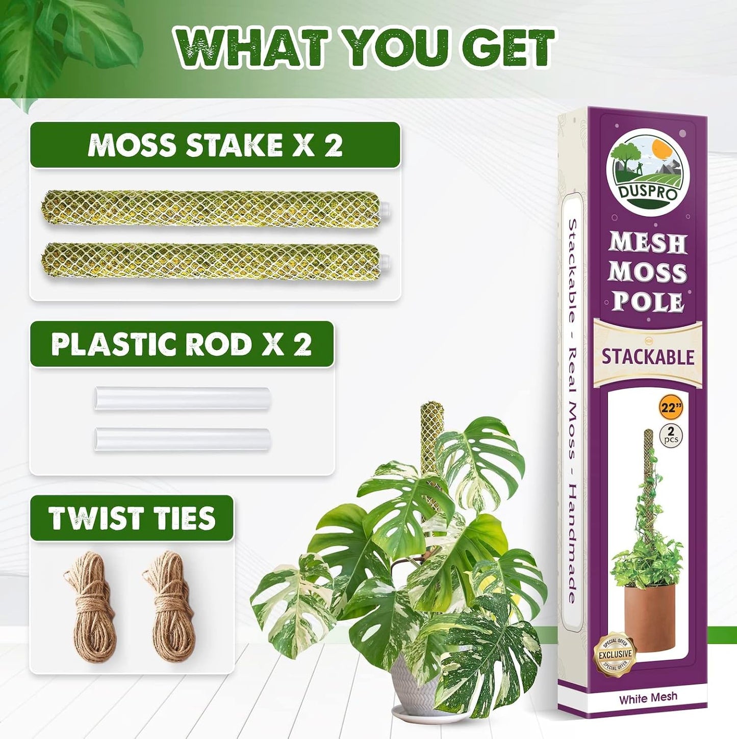DUSPRO Stackable Mesh Moss Pole for Plants Monstera Potted Plant Stakes for Indoor Plants Extendable Plant Pole Moss Sticks for Plants Climbing Vine Supporting Monstera Trellis 2Pack 22''