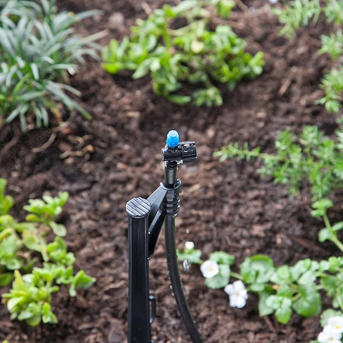 Raindrip 172CPUB, Adjustable Flow Micro Sprinkler Assembly, Half-Circle Pattern, Fan Spray, 1/4" Clamp N Pierce Inlet, Riser and 13" Stake, for Drip Irrigation Gardening Systems, Black/Blue(Pack of 1)