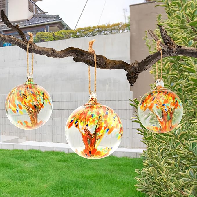 Hand Blown Glass Ball, 4" Gazing Glass Christmas Ornaments, Hanging Tree of Life Witch Balls for Home Outdoor Window Patio Garden Décor(Orange)
