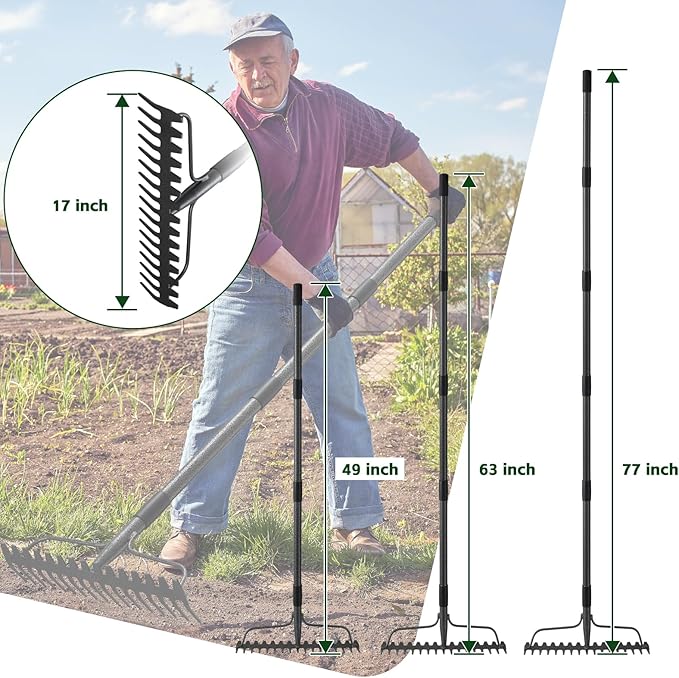 63'' Bow Rake ,17 Tines Metal Head Rake with Stainless Steel Handle,Heavy Duty Garden Rake for Loosening Soil Gathering Leaf Leveling Lawn Farming Land Management Yarn Thatch Rake