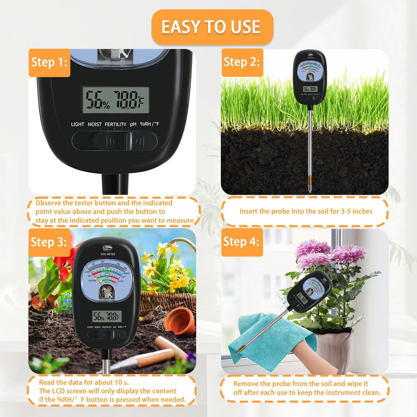 7-in-one Soil Test Kit, Soil Moisture Meter/PH Meter/Sunlight Intensity/Fertility Soil Tester, LCD