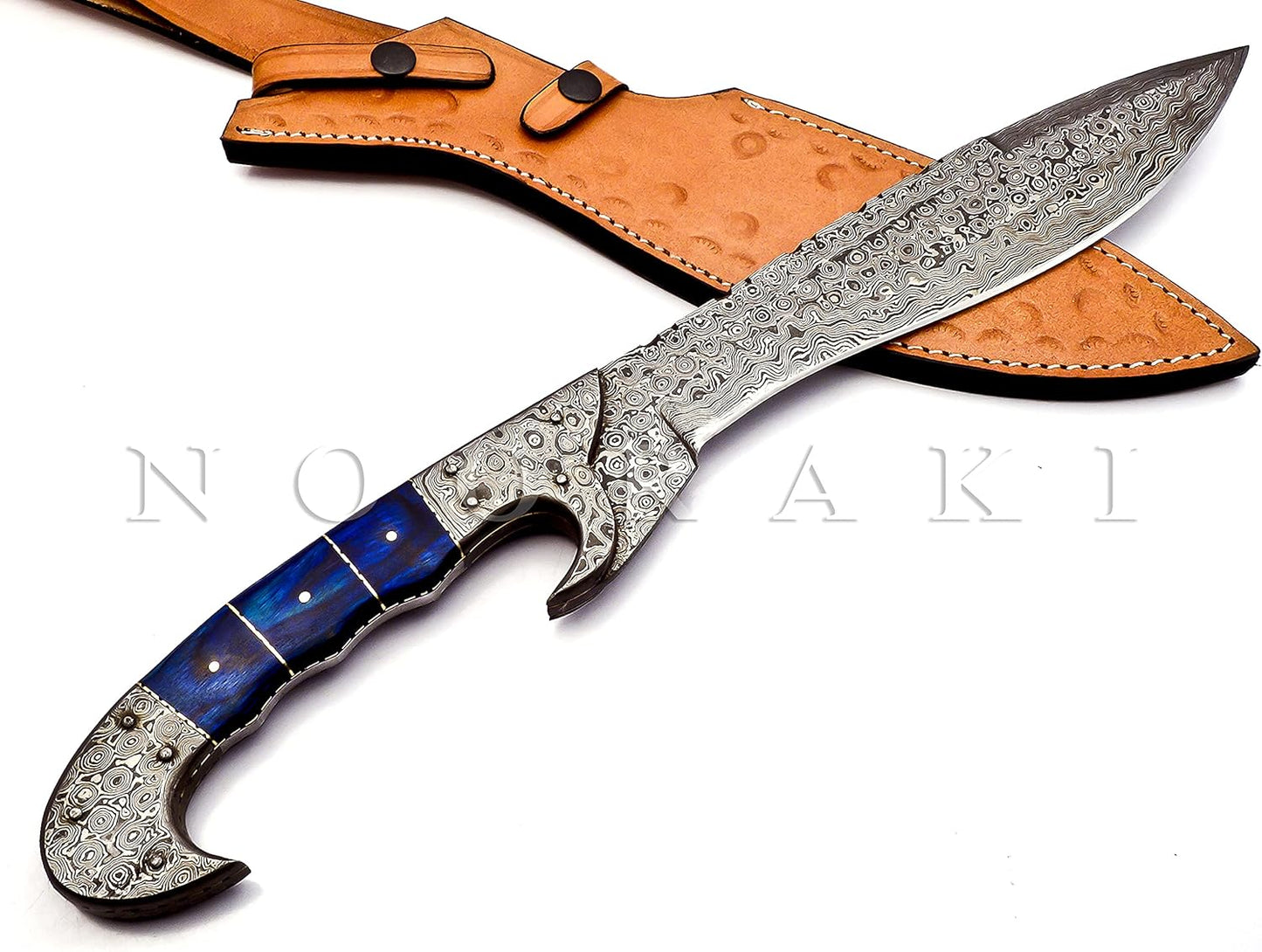 Nooraki - 18 inches Handmade Damascus Steel Machete/Kukri Knife, Bushcraft Knife, Hunting Knife, Camping Knife, Collectors Knife, Full Tang Handle With Leather Sheath - MK-310
