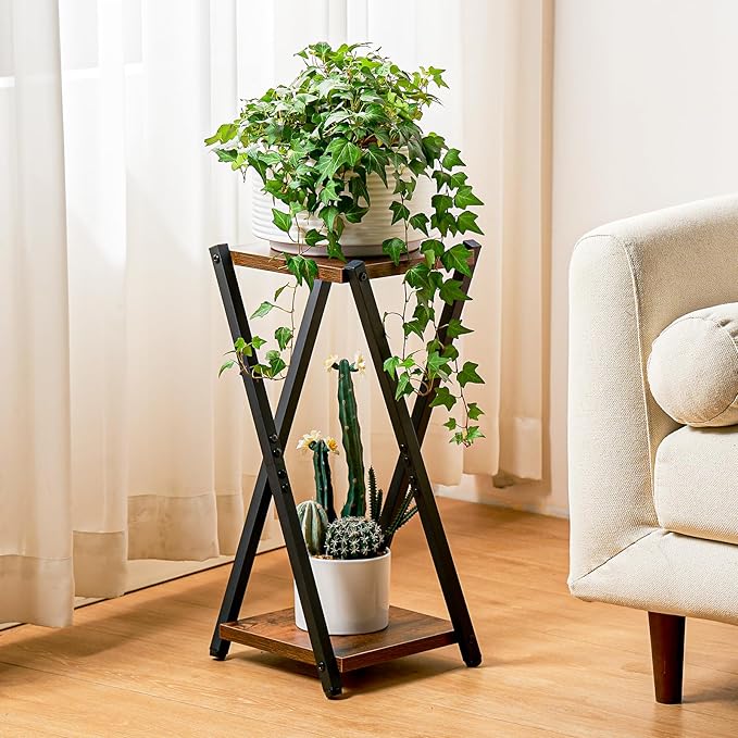 Bamworld Corner Plant Stand Indoor Small Plant Shelf 2 Tier Flower Stand Wood Plant Table Metal Plant Rack for Multiple Plant Heavy Duty Flower Pot Stand for Living Room Bedroom Balcony Garden Patio