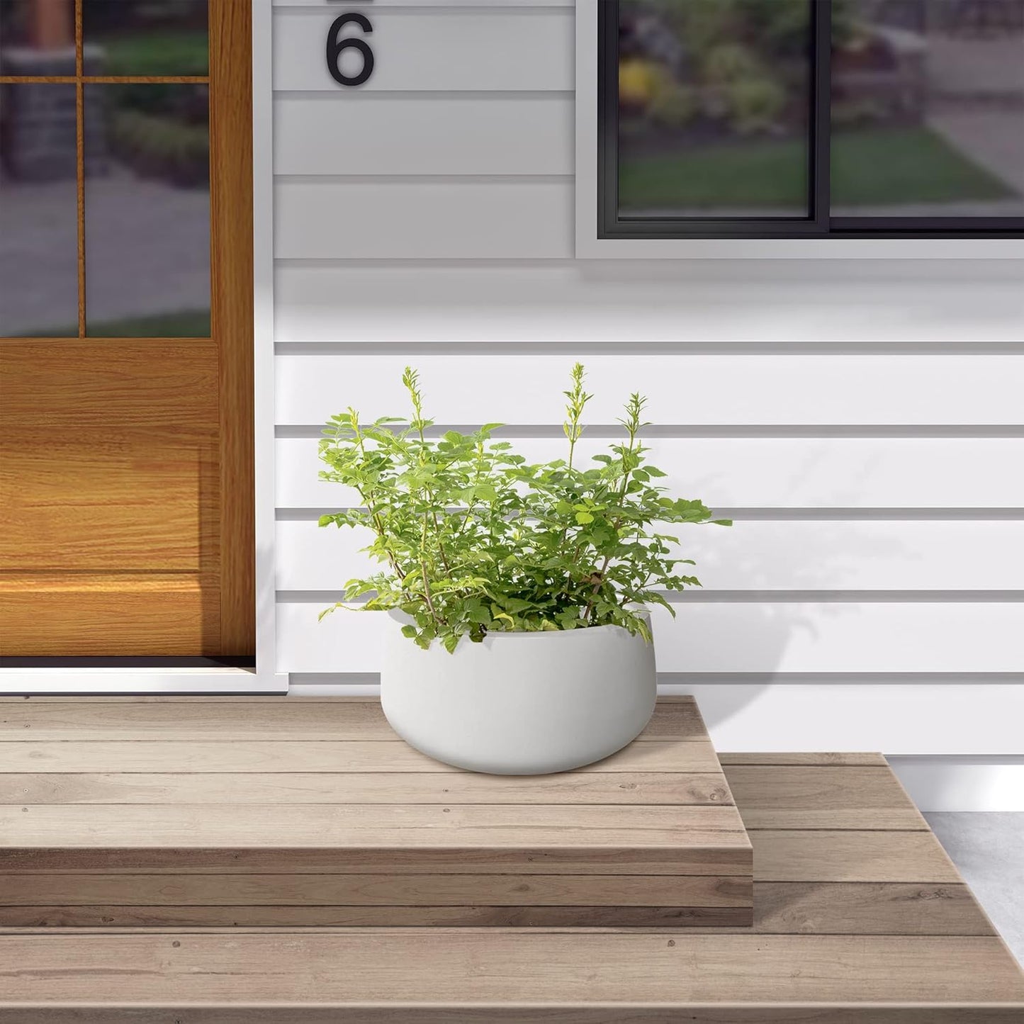 Kante 15.7" Dia Round Concrete Planter, Outdoor Indoor Garden Plant Pots with Drainage Hole and Rubber Plug, Modern Curvaceous Design, Pure White