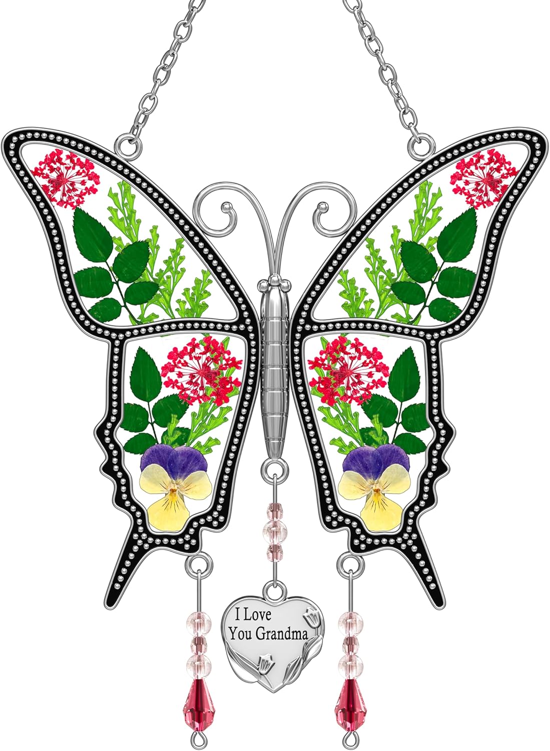 KY&BOSAM Butterfly Suncatcher I Love You Grandma Unique Grandma Gifts with Pressed Real Flower Stained Glass Hangings for Window Wind Chimes Ornament Brithday Gifts for Women Mothers Day Christmas