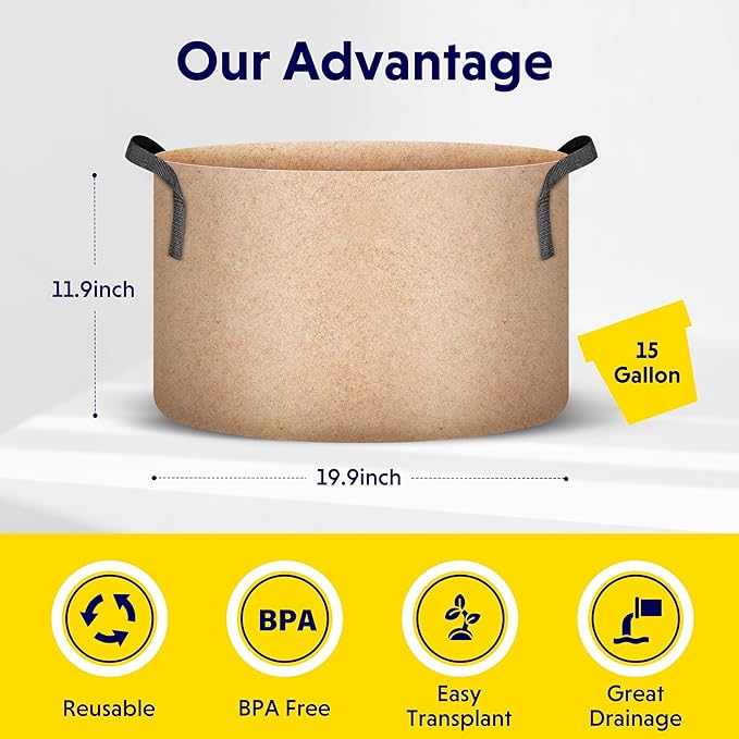 iPower 5 Pack 15 Gallon Grow Bags Heavy Duty 300G Thickened Nonwoven Fabric Plant Pots with 5 Labels & Handles for Outdoor Garden, Aeration Planter Bags for Fruits, Vegetables, Tomato & Flowers, Tan