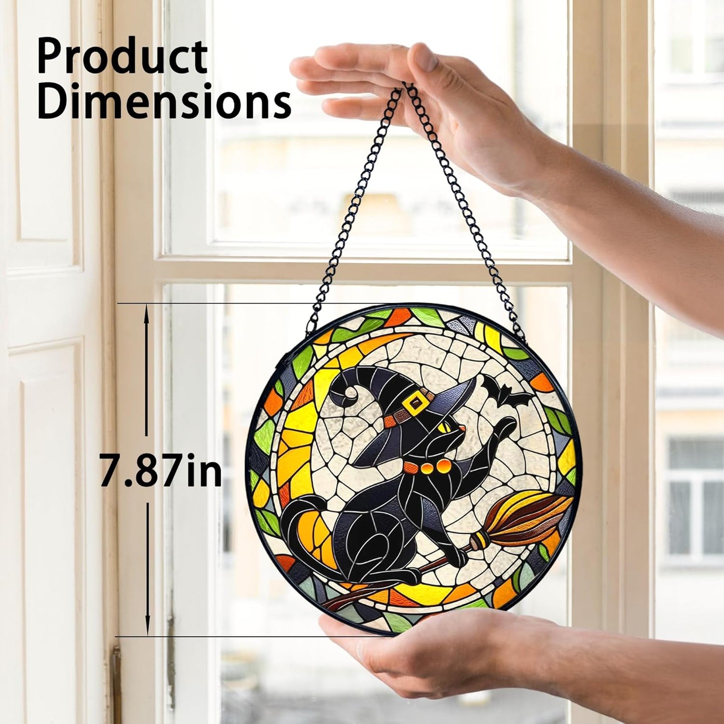 TNUW Halloween Black Cat Stained Glass Window Hanging, Gothic Witchy Black Cat Sun Catchers Indoor Window Glass Round Wall Art Decor, Halloween Wall Hanging Decorations, 7.9"x7.9"