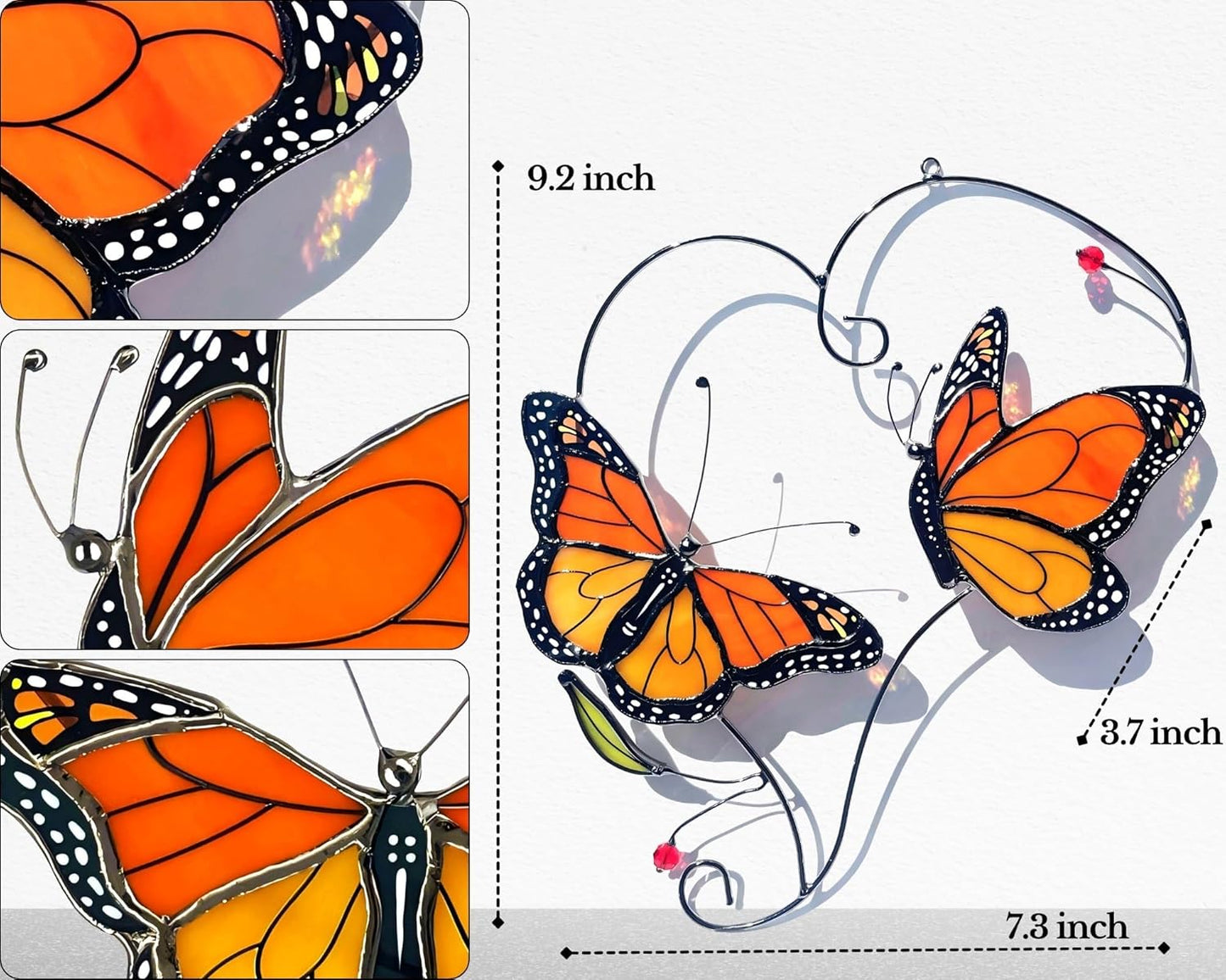 Monarch Butterfly (1 Pair) Stained Glass Suncatcher for Mom, Grandma, Women - Real Glass Window Hanging Ornament - Handmade Butterflies Home Decor (Gifts Ready Packaging)
