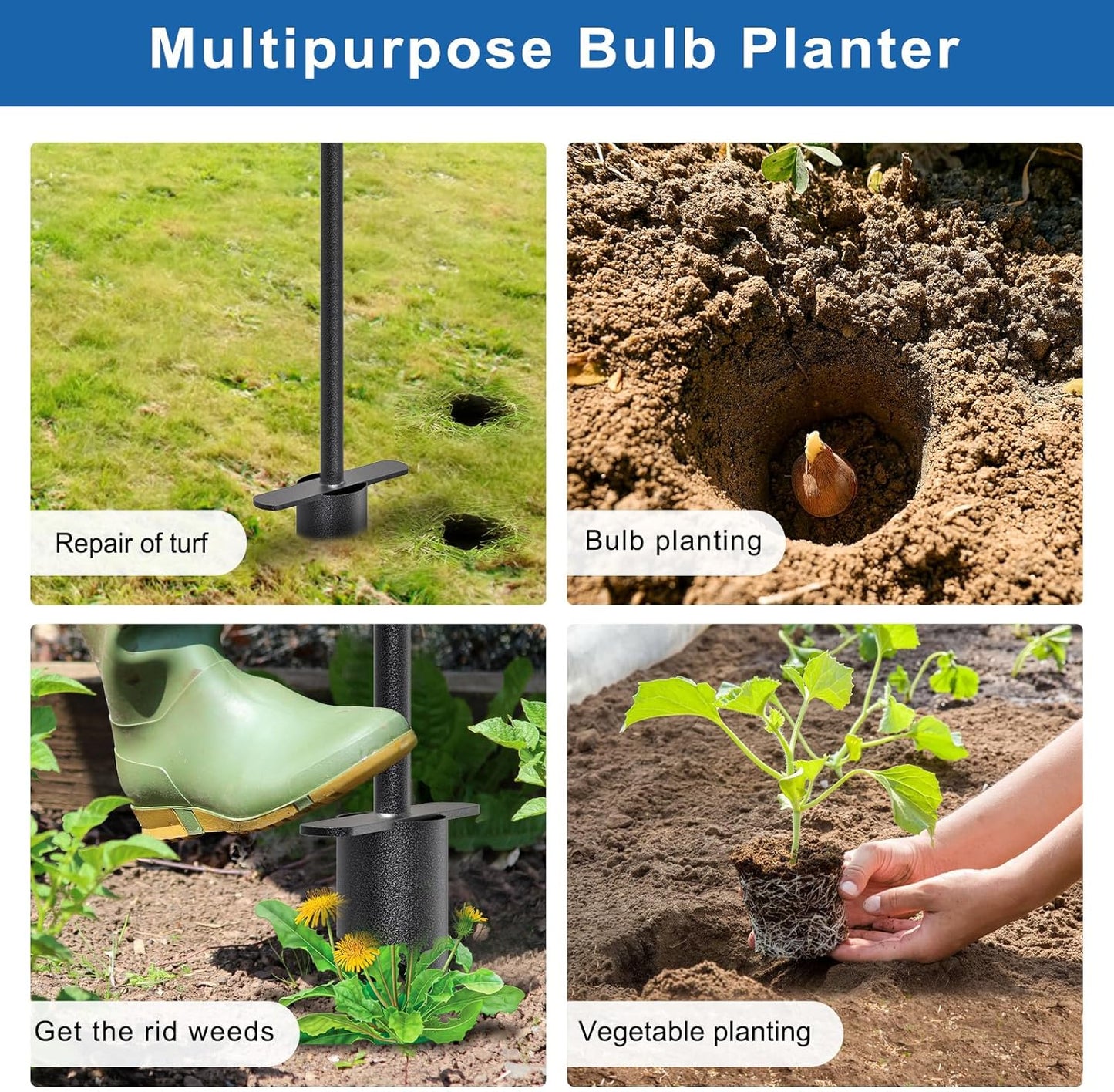 BeneLabel Hand Held Grass Plugger Tool with Push Pull Long Handle Lawn Plug Tool with Soft Rubber Grip Garden Bulb Planter for Digging Holes, Planting, Lawn Repair and Transplant Seedling