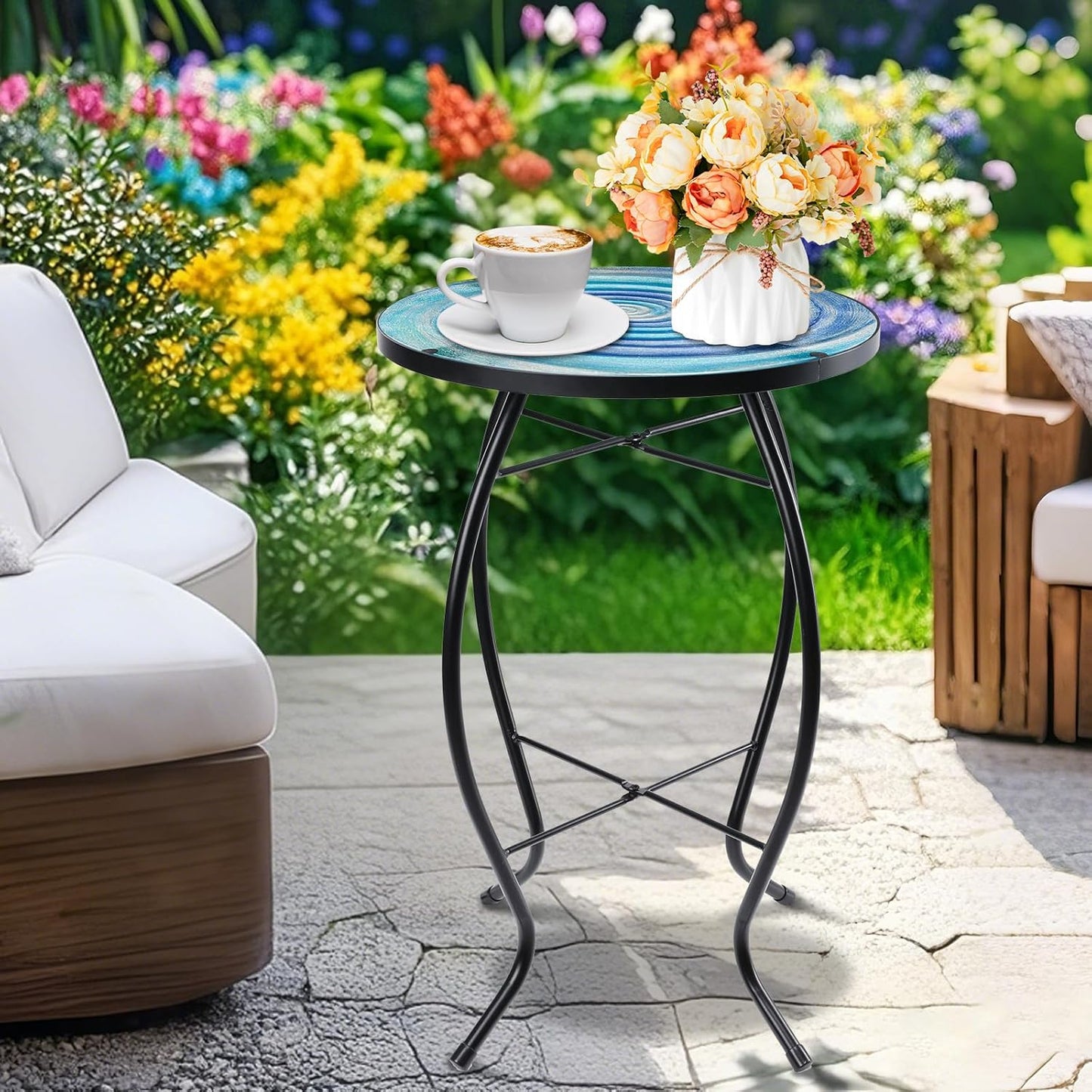 MUMTOP Outdoor End Tables for Patio, The Milky Way Small Round Side Table, Glass Accent Table for Outside, Garden, Balcony, Porch, Indoor Home Decor