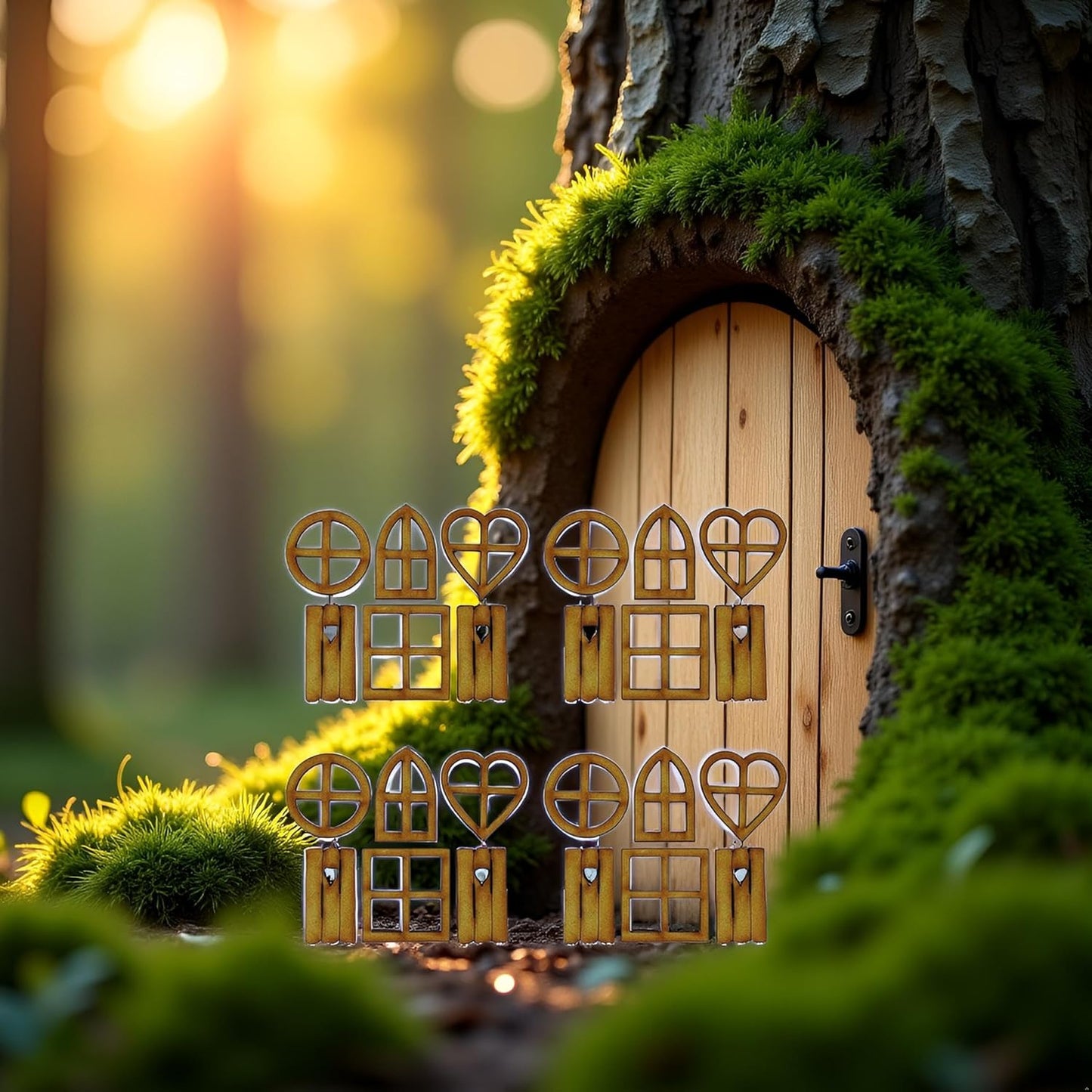 4 Pcs Wooden Fairy Garden Door and Windows Ornaments Tree Statues for Tree Trunk Yard Decoration Miniature Garden Buildings