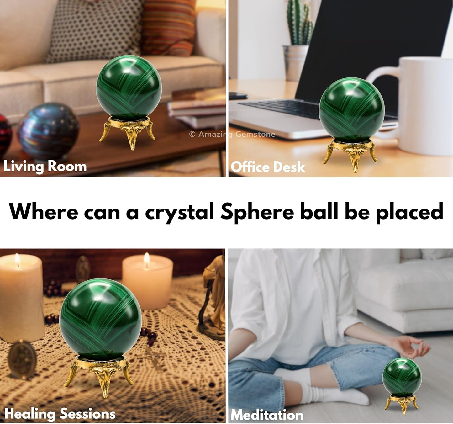 Amazing Gemstone Malachite Crystal Ball with Stand - 2" Inches Crystal Sphere Meditation Balls for Witchcraft and Decorative Balls