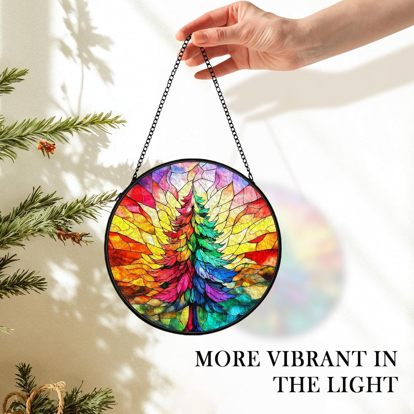 Christmas Tree Suncatcher Stained Glass Window Hanging Decor, Colorful Xmas Tree Stained Glass Wall Decor, Christmas Garden Sun Catchers Indoor Window Hanging Wall Art Lawn, 7.9x7.9 Inch
