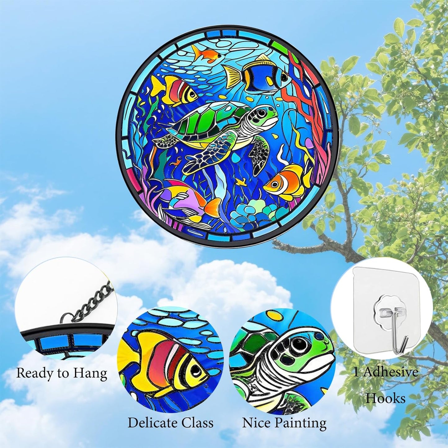 Sea Turtle Suncatchers for Windows Hanging - 8 in Stained Glass Sun Catchers Indoor Window, Suncatcher Stain Glass Window Hanging for Home Decor, Gifts for Holiday or Wall Art
