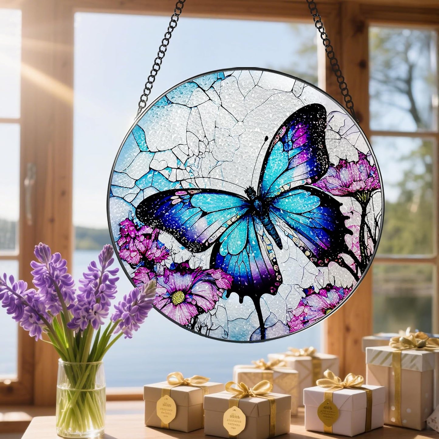 8 Inch Stained Glass Suncatcher Ornament, DOUHASU Butterfly Sun Catchers Indoor Window, Stained Glass Window Hanging, Home Decor, Butterfly Lovers Gifts for Her, Women, Mom, Grandma, Friend