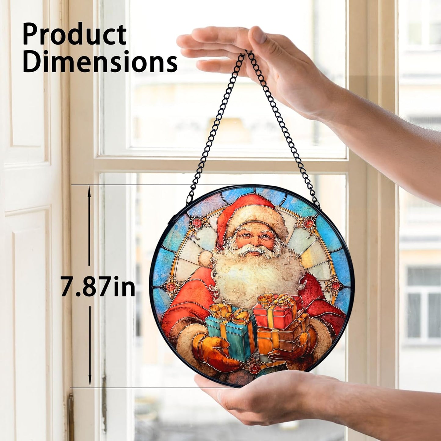 TNUW Christmas Stained Glass Window Hanging, Retro Winter Xmas Santa Claus Sun Catchers Indoor Window Glass Round Wall Art Decor, Christmas Wall Hanging Decorations, 7.9"x7.9"