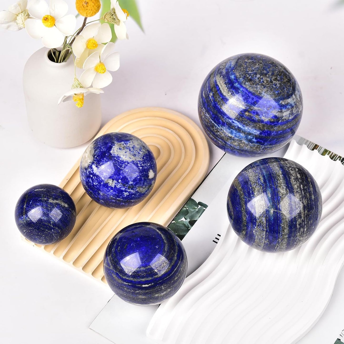 JIC Gem Lapis Lazuli Crystal Sphere Blue Quartz Crystal Ball with Wooden Stand Meditation Balls for Witchcraft and Decorative Balls 50-60mm