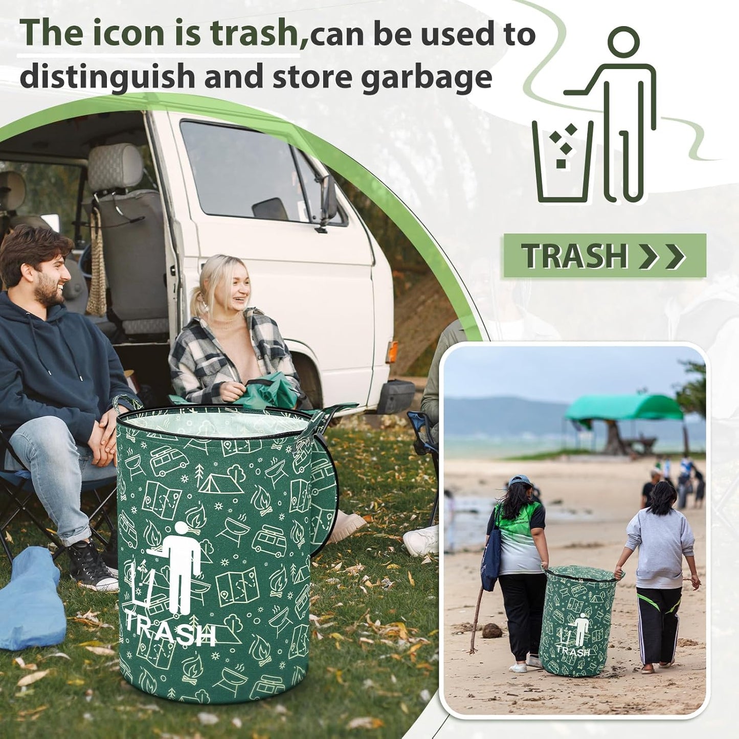 1 Pack Collapsible Trash Can Camping with Zippered Lid Foldable Storage Bin Portable Garbage Can for Outdoor Camping RV's Yard Waste (Trash Style)