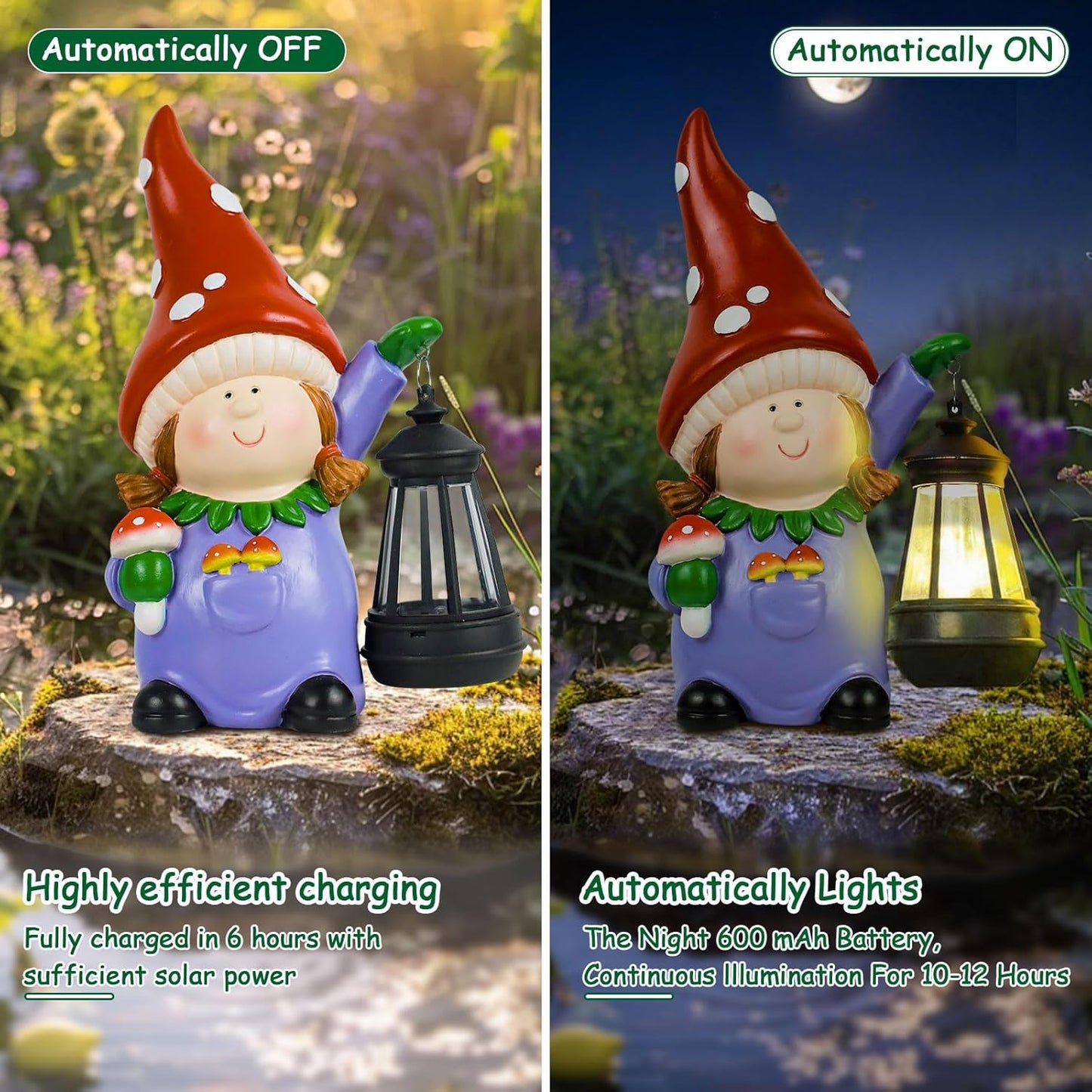 Gnome Statue Garden Ornaments Art Outdoor Decoration with Solar Powered LED Lights Decor for Patio,Balcony,Yard, Mum Birthday Gifts, Garden Gifts for Women