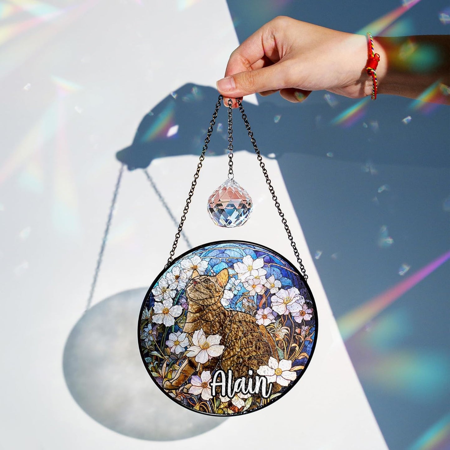 Personalized Pet Stained Glass Suncatcher Custom Name Pet Photo Ornament Window Hanging Holiday Home Decor Sympathy Gift for Loss of Dog Cat Memorial Keepsake Remembrance Gift for Dog Lovers